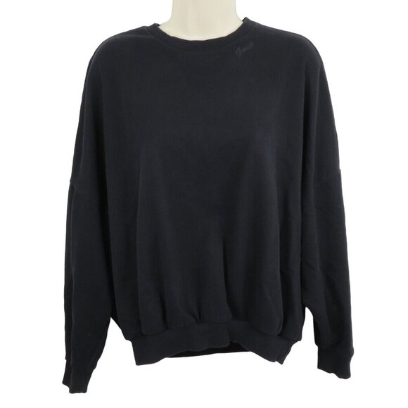 GUESS Womens Small Solid Black Embroidered Logo Collar Long Sleeve Sweatshirt - Picture 1 of 10